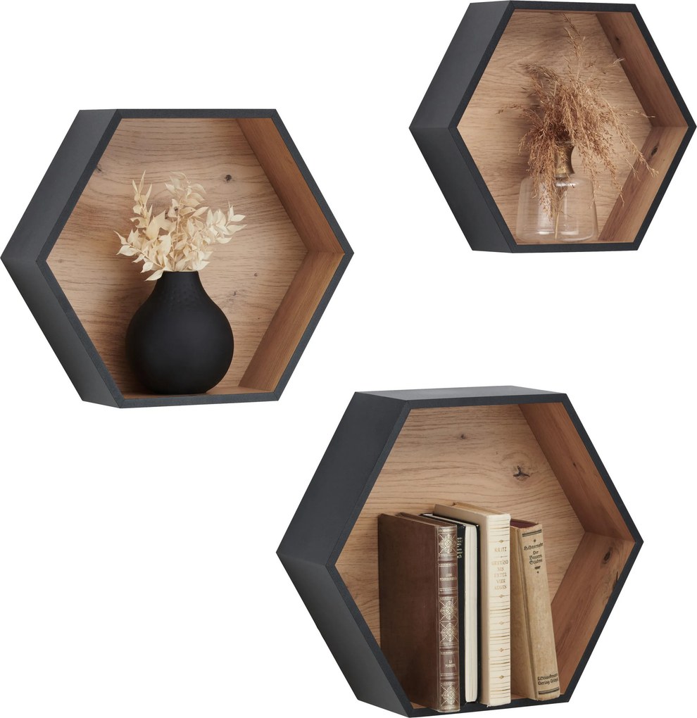 XXXLutz SADA NÁSTENNÝCH REGÁLOV, čierna, dub artisan Xora - Regály - 002798014701