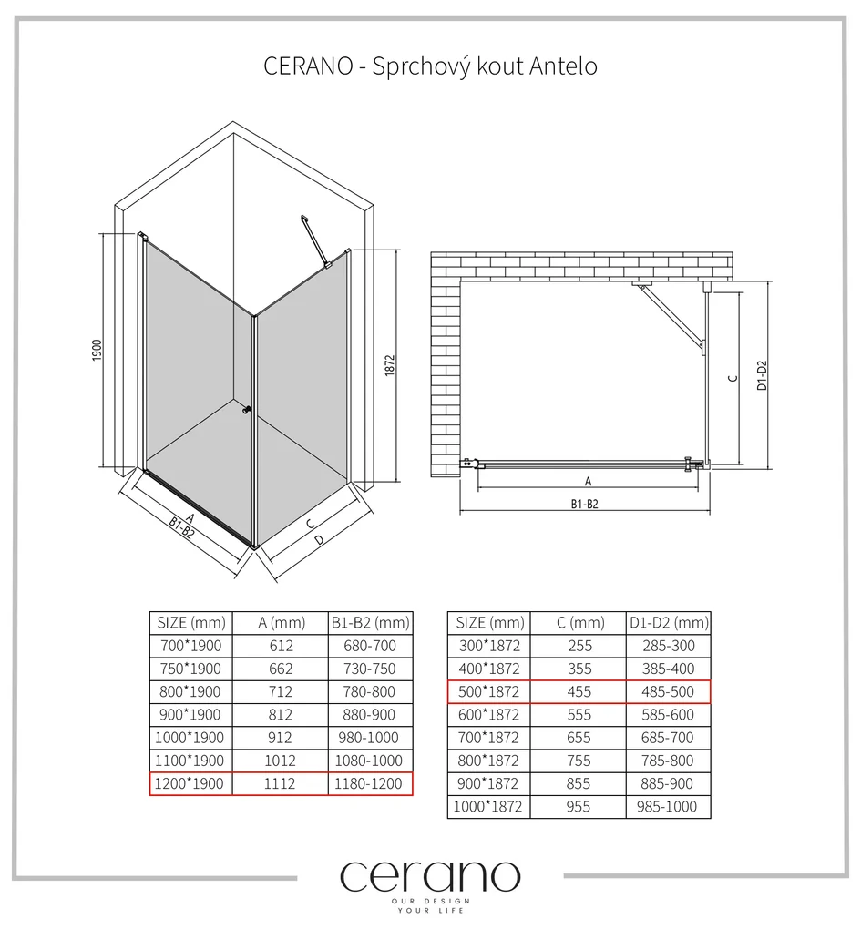 CERANO - Sprchovací kút Antelo L/P - čierna matná, transparentné sklo - 120x50 cm - krídlový, CER-CER-482224
