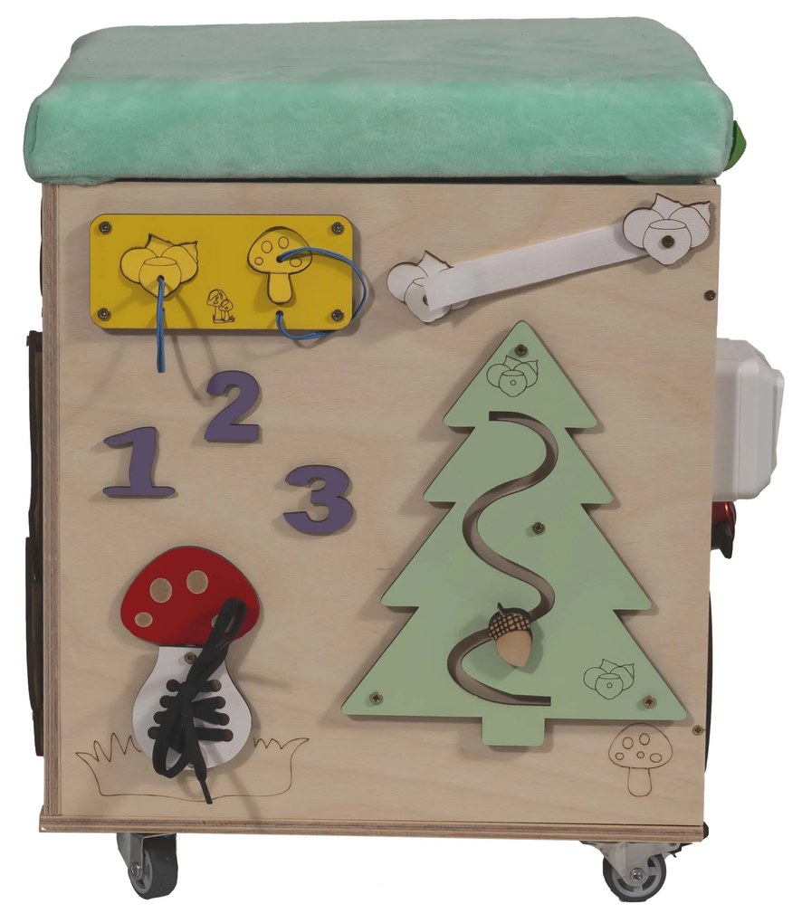 KIK Detský edukačný manipulačný puf so sedadlom na kolieskach 31×31×40,5 cm