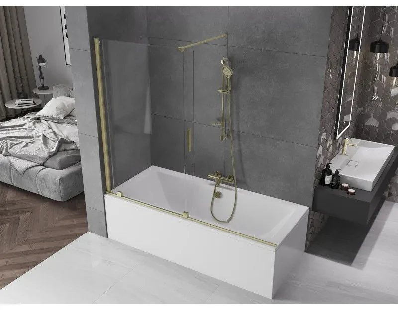 Mexen Velar, 2-krídlová posuvná vaňová zástena 180 x 150 cm, 8mm číre sklo, zlatý matný profil, 896-180-000-01-55