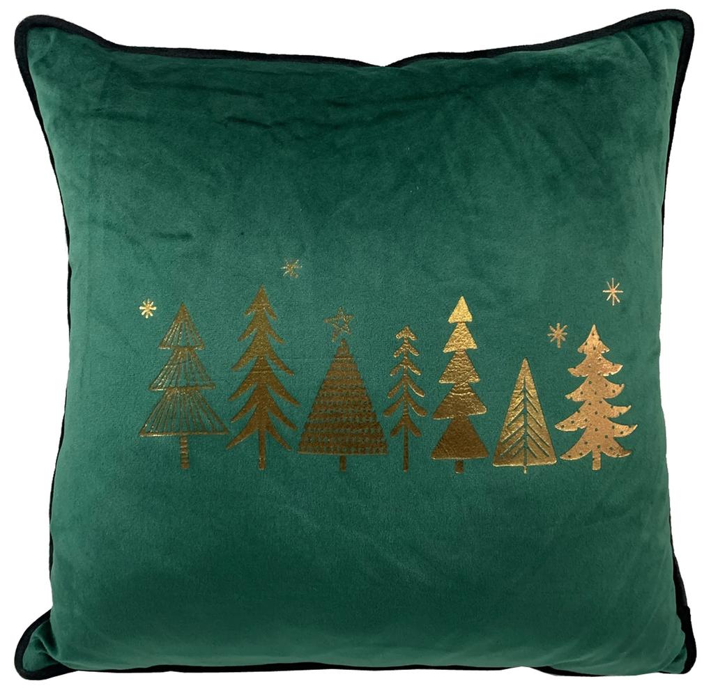 Vianočný štvorcový zelený velúrový vankúš s motívom zlatých stromčekov 40 x 40 cm 35525
