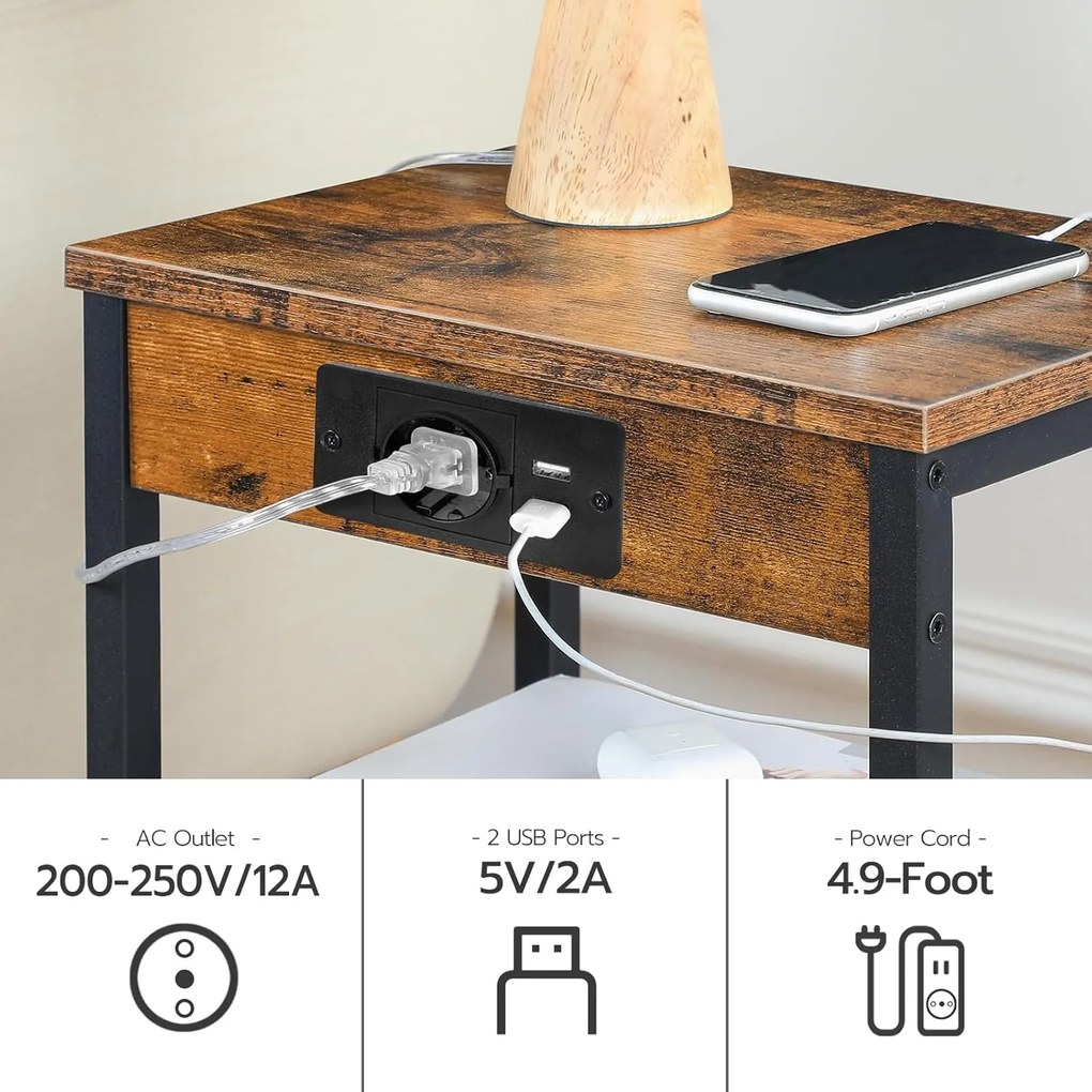 Noční stolek Vasagle Harby 38 cm s nabíjecí stanicí černý/hnědý