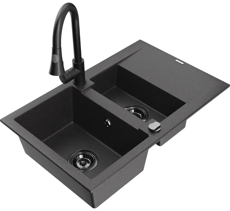 Mexen Gaspar, 1,5-komorový granitový drez 737x475x177 mm a drezová batéria Elia, čierna škvrnitá, 6507-76-670101-70-B