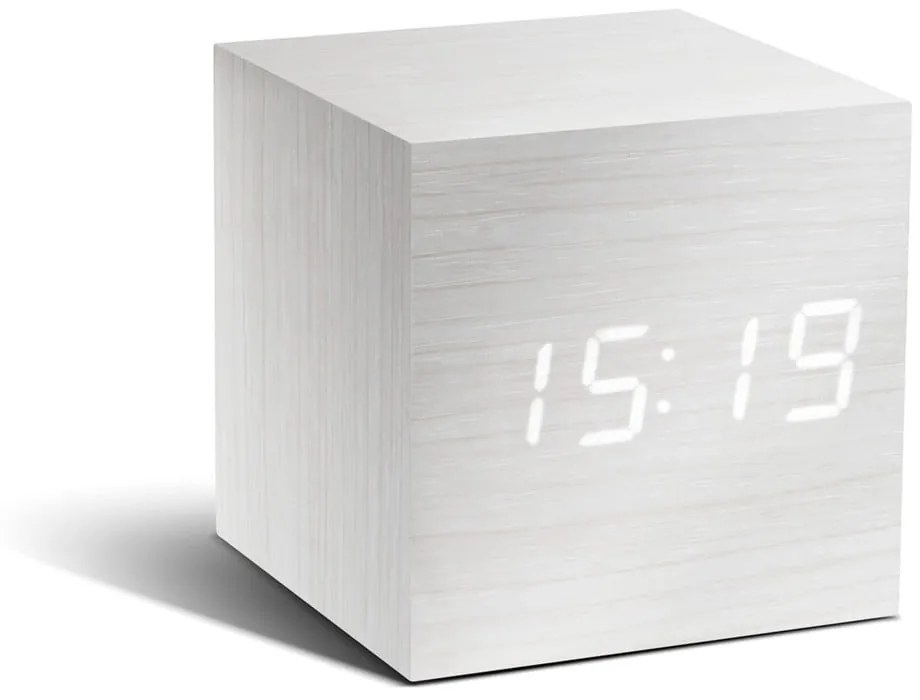 Biely budík s bielym LED displejom Gingko Cube Click Clock