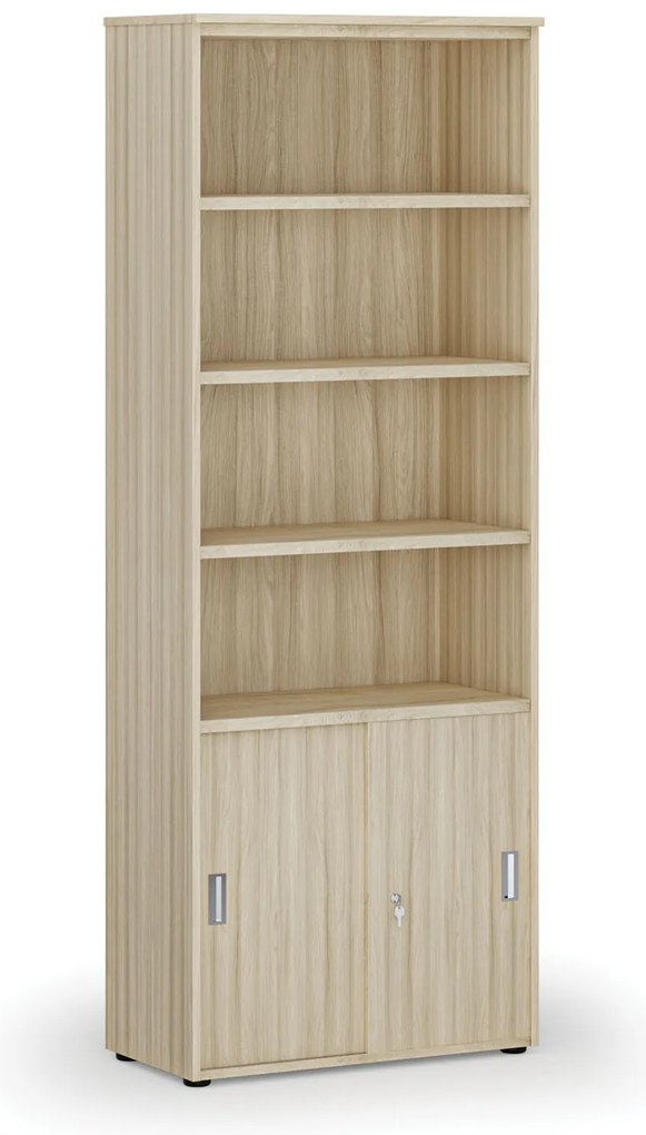 Kombinovaná kancelárska skriňa PRIMO WOOD, zasúvacie dvere na 2 poschodia, 800 x 420 x 2128 mm, dub prírodný