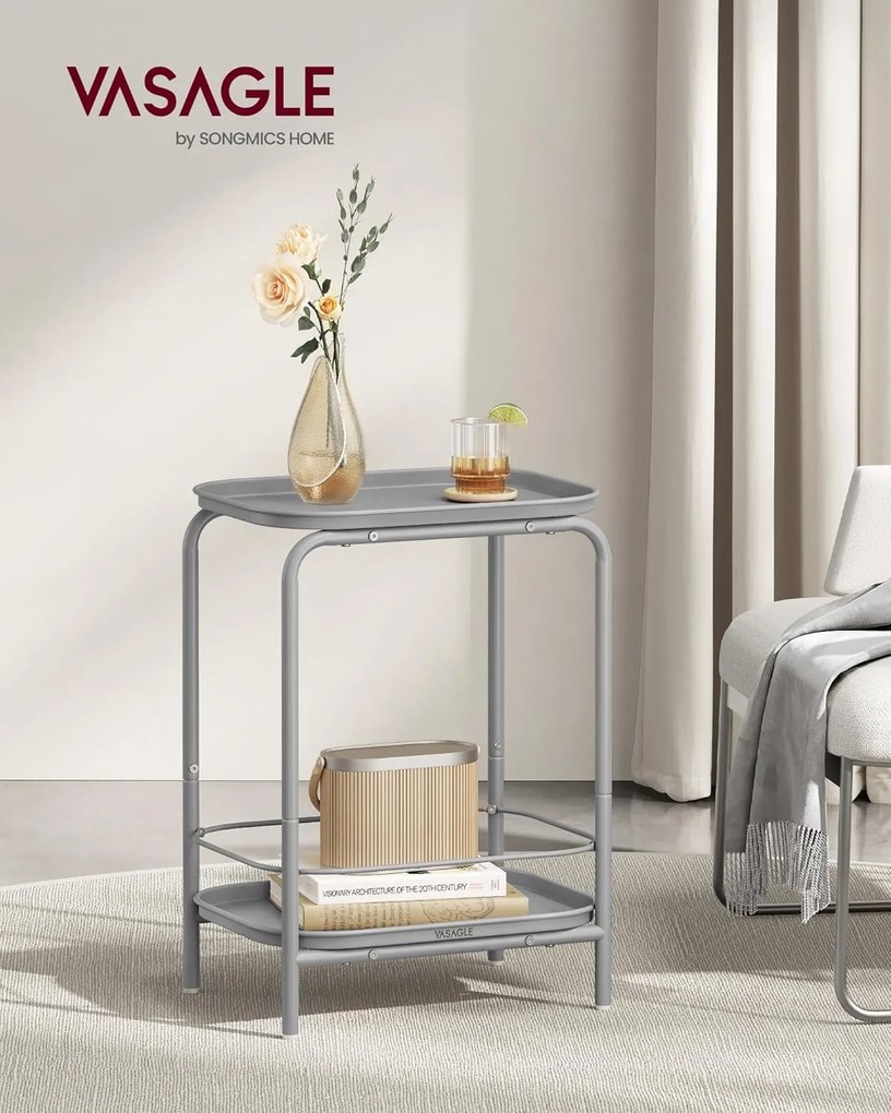 Príručný stolík 2-úrovňový, kovový stolík s podnosom, sivý