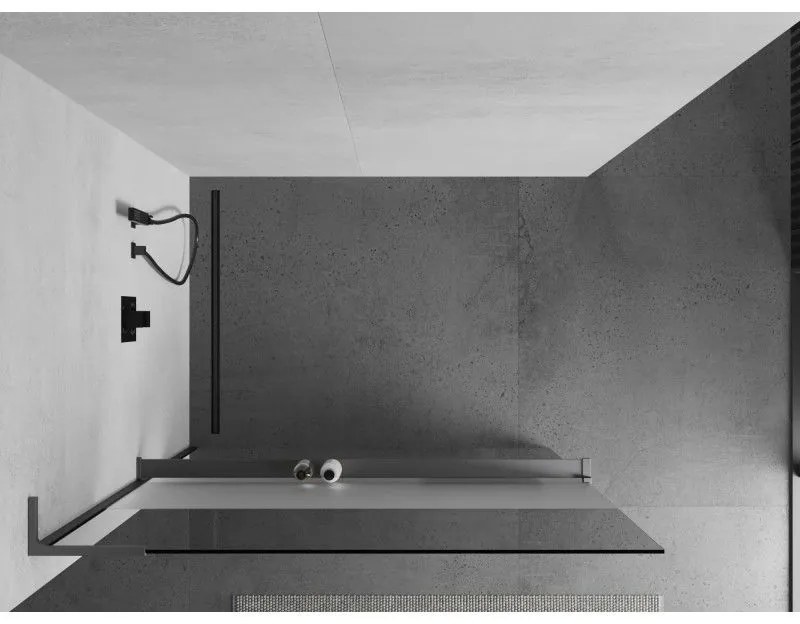 Mexen Kioto+ L, sprchová zástena Walk-In s poličkou a vešiakom 90 x 200 cm, 8mm číre sklo-námraza, grafitový profil, 800-090-123-95-35