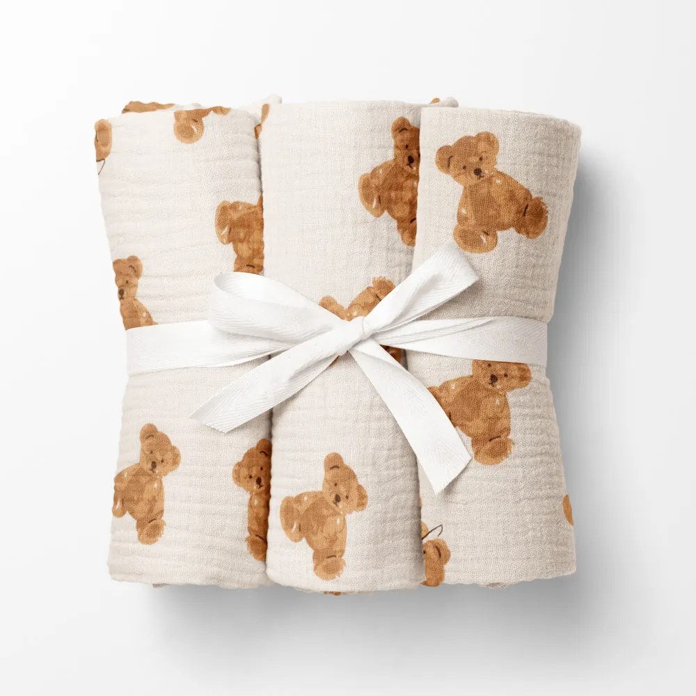 Biante Mušelínová plienka/dečka Nature MSN-038 Medvedíky na krémovo bielom - ZVÝHODNENÁ SADA 3 KS 100x100 cm - Sada 3 ks