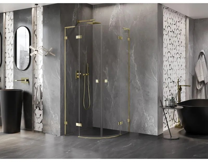 Mexen Lunar, L polkruhový výklopný sprchový kút 90 x 90 cm, 8mm číre sklo, zlatý profil, 833L-090L-090P-50-00