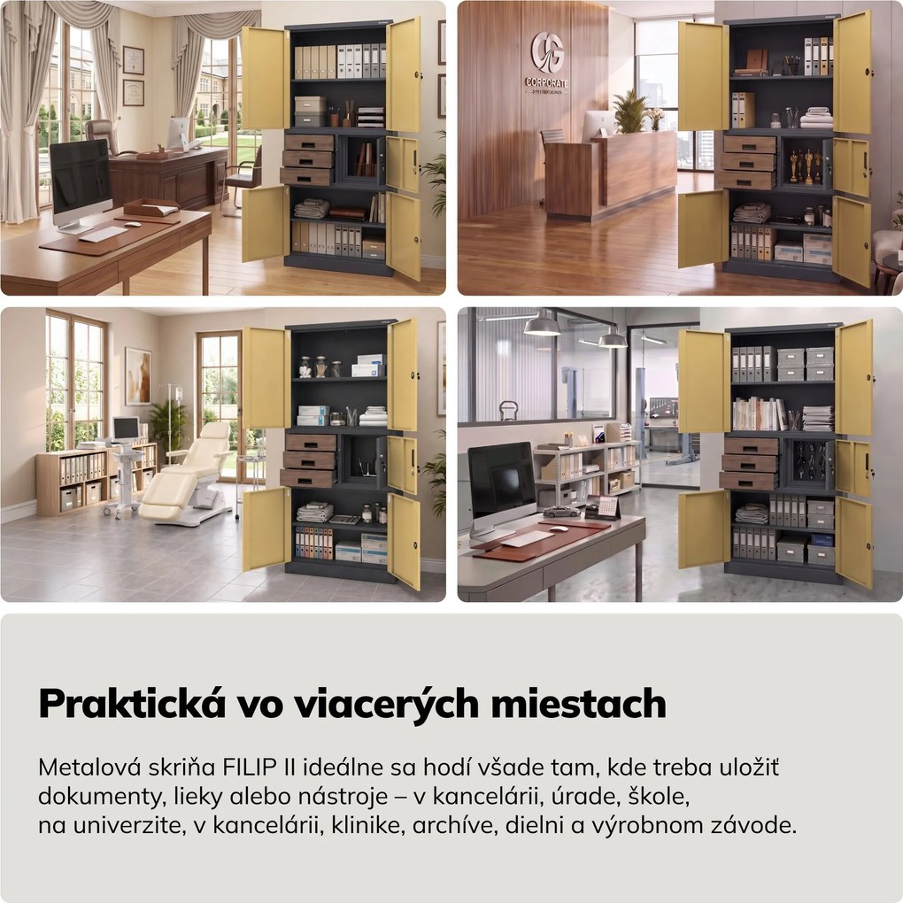 Kovová kancelárska skriňa so sejfom antracitová, orech, 900x1850x400 mm: FILIP II Eco Design