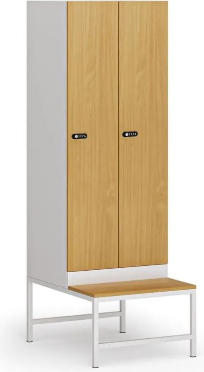 Šatníková skrinka S1 s lavičkou, 2 oddiely, 1875 x 600 x 500/800 mm, demont, mechanický kódový zámok, laminované dvere, buk