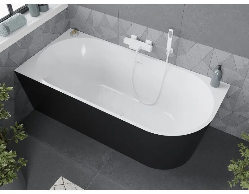 Mexen Mia, voľne stojaca rohová vaňa ľavá 160 x 80 cm, biela/čierna, biely prepad, 52691608075L-20