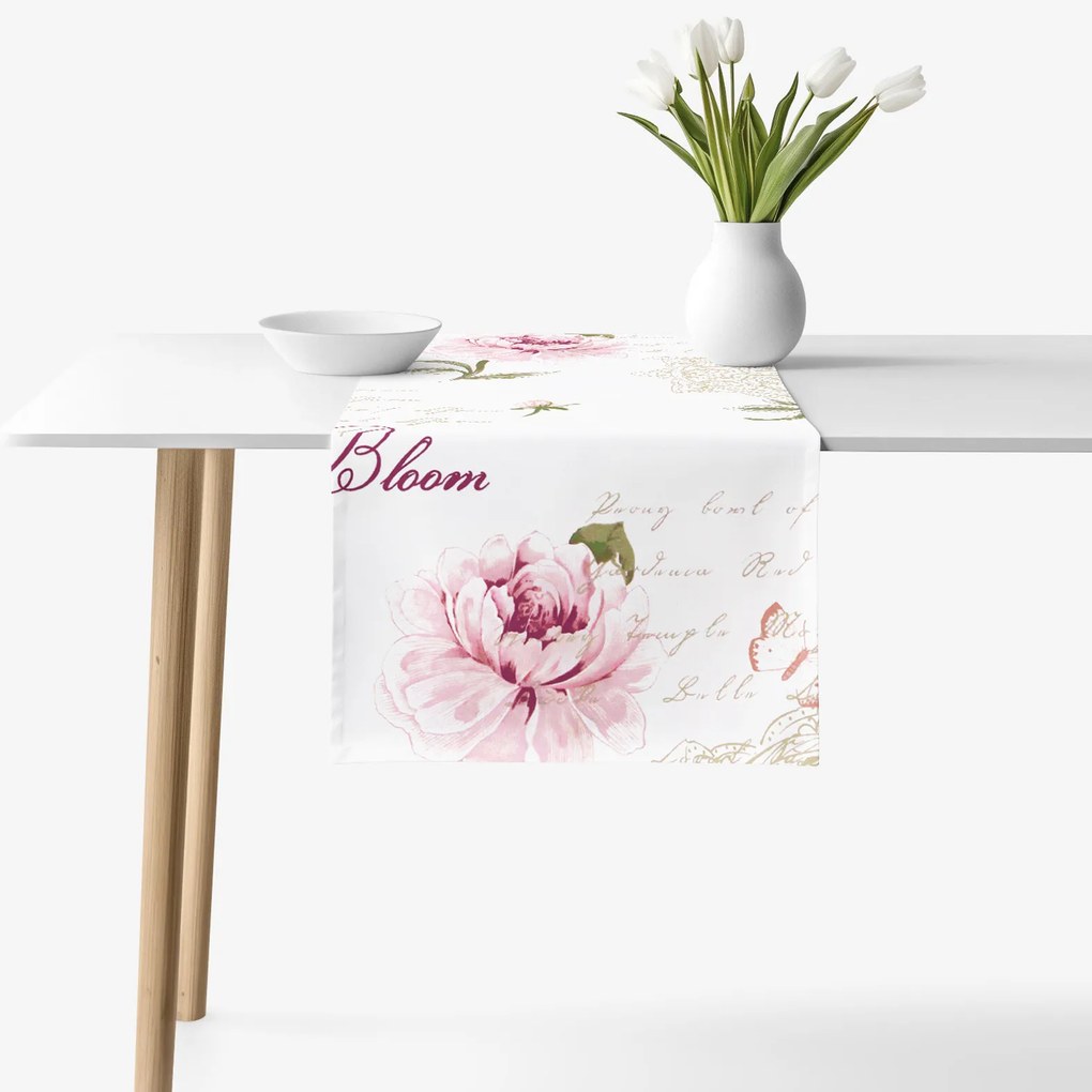 Goldea behúň na stôl 100% bavlnené plátno - pivonky s textami 20x120 cm