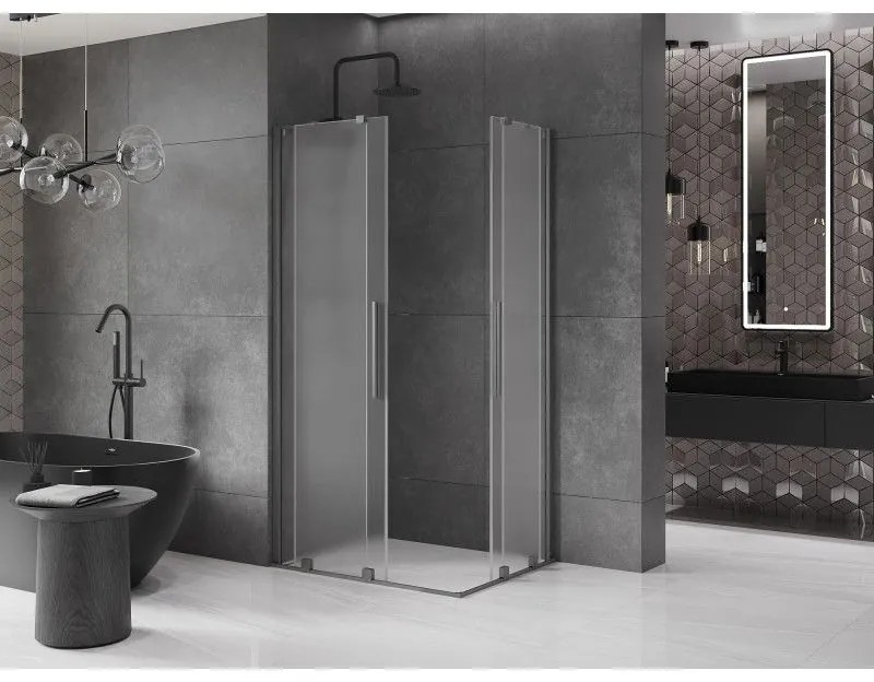 Mexen Velar Duo, sprchový kút s posuvnými dverami 90 x 80 cm, 8mm sklo námraza, grafit brúsený, 871-090-080-32-66