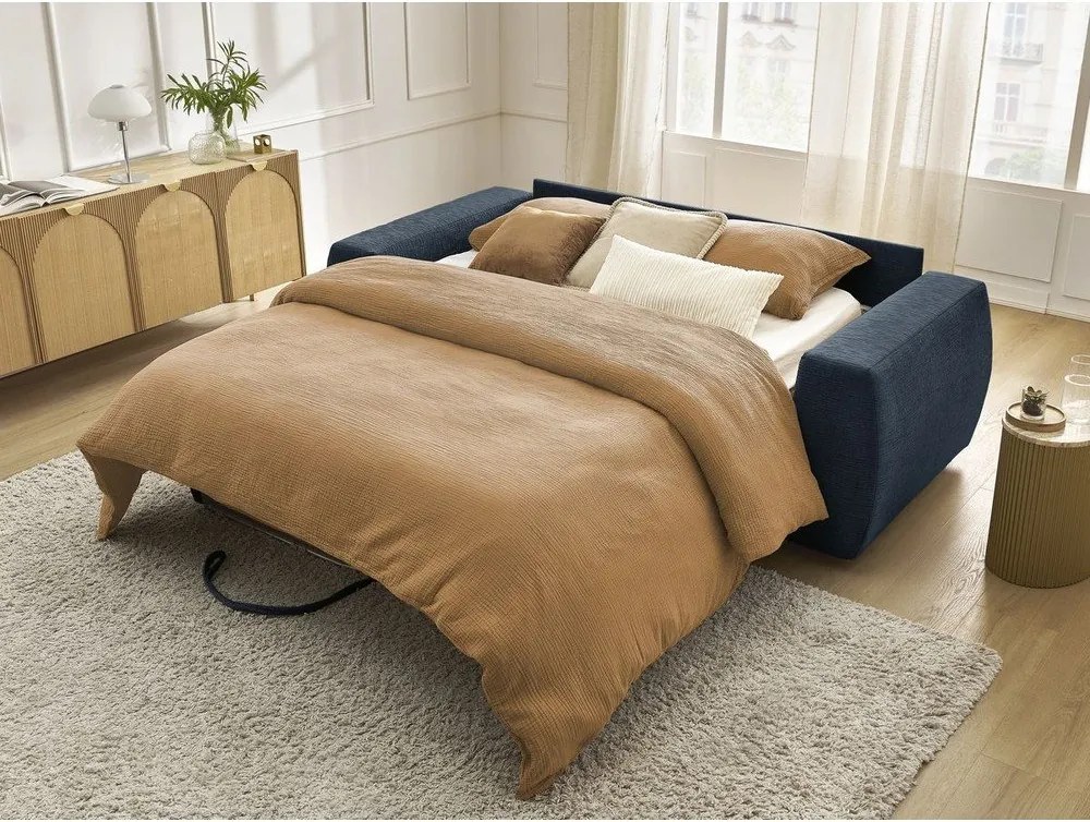 Tmavomodrá ženilková pohovka na každodenné spanie/rozkladacia 220 cm Hugo – Bobochic Paris