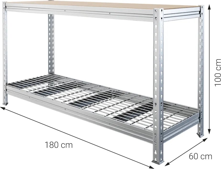 Dielenský stôl, 100x180x60, zinok, vrchná DTD a spodná kovová sieťová polica