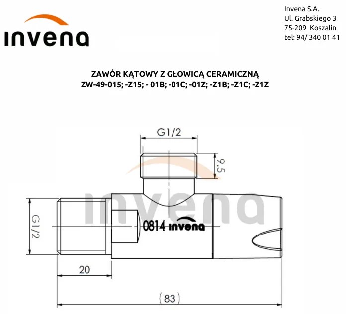 Invena Invena, uhlový ventil s keramickou hlavou 1/2" X 3/8", zlatá lesklá, INV-ZW-49-00Z-W