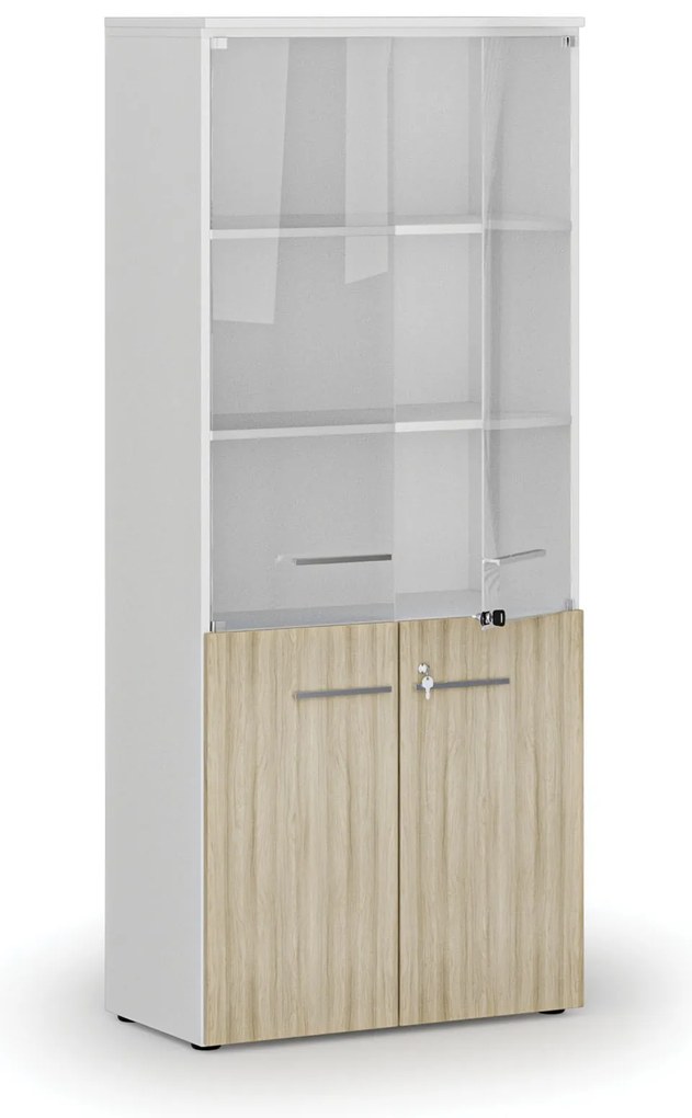 Kombinovaná kancelárska skriňa PRIMO WHITE s drevenými a sklenenými dverami, 800 x 420 x 1781 mm, biela/dub prírodná