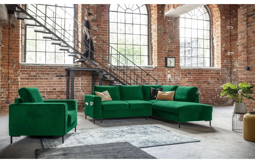 Tmavozelená zamatová rozkladacia rohová pohovka (pravý roh) Lofty Lilly – Miuform