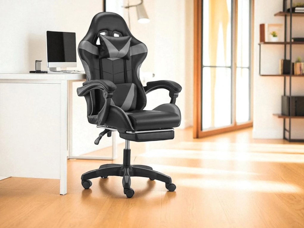 Kancelárska herná stolička s nastaviteľnou opierkou nôh - čierno-sivá