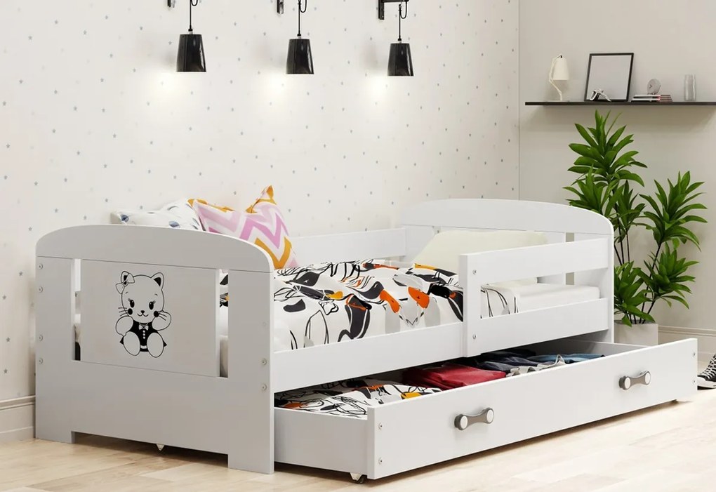 Expedo Detská posteľ PHILIP P1 + ÚP + matrac + rošt ZADARMO, 80x160 cm, biely/mačka