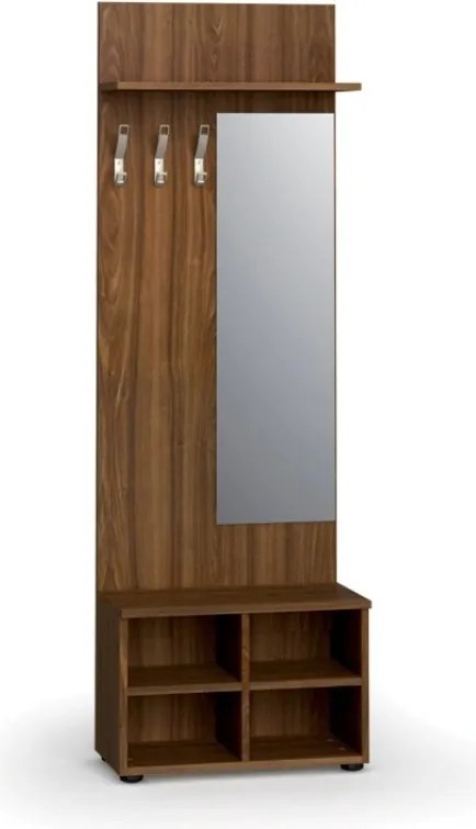 Vešiaková stena s botníkom a zrkadlom PRIMO WOOD, 3 háčiky, polica, roky zvisle, orech