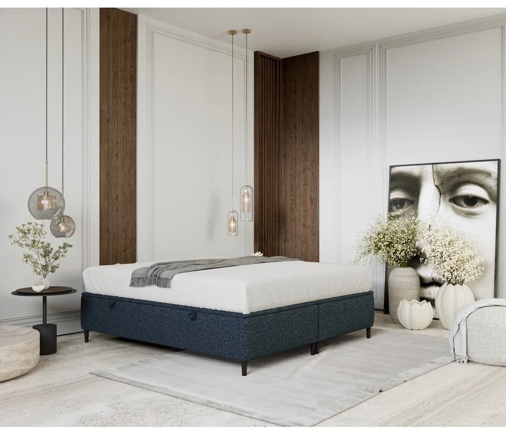 Tmavomodrá čalúnená dvojlôžková posteľ s úložným priestorom 200x200 cm Tate – Maison de Rêve