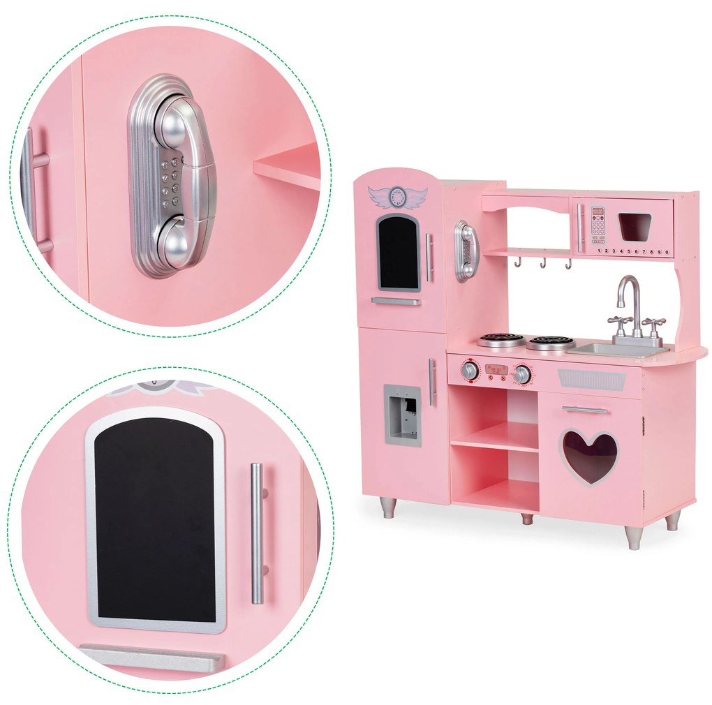 ECOTOYS Drevená detská kuchynka s efektmi zvuku, ružová