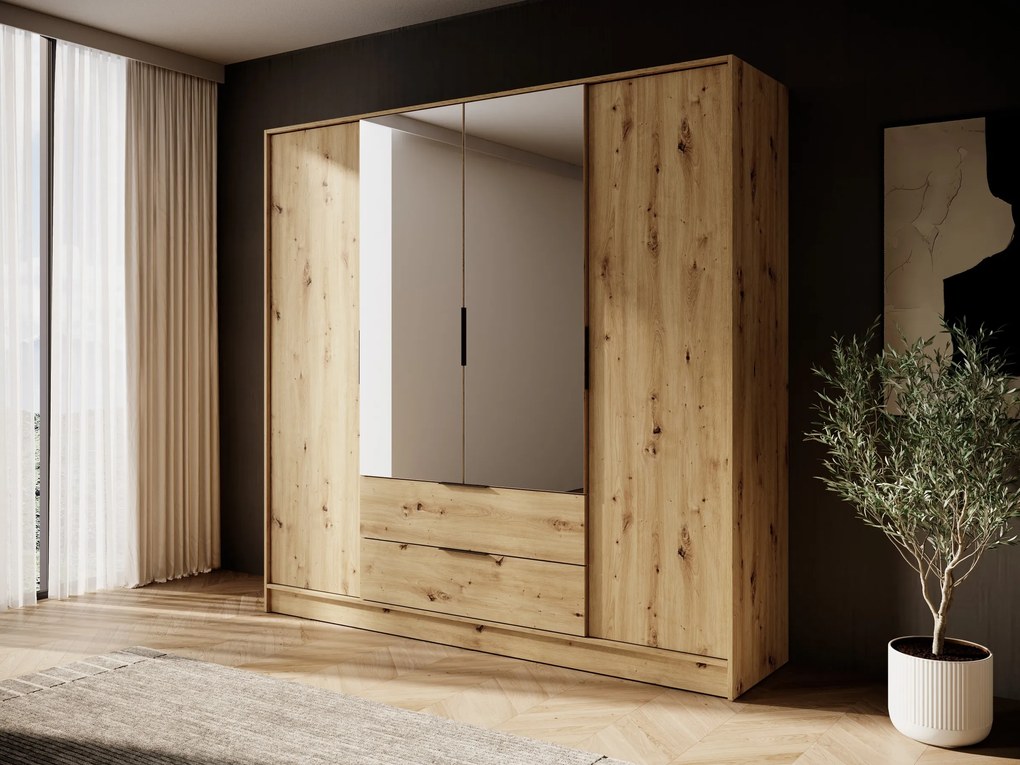 Šatníková skriňa Kelly 4D 206 cm so zrkadlom dub artisan