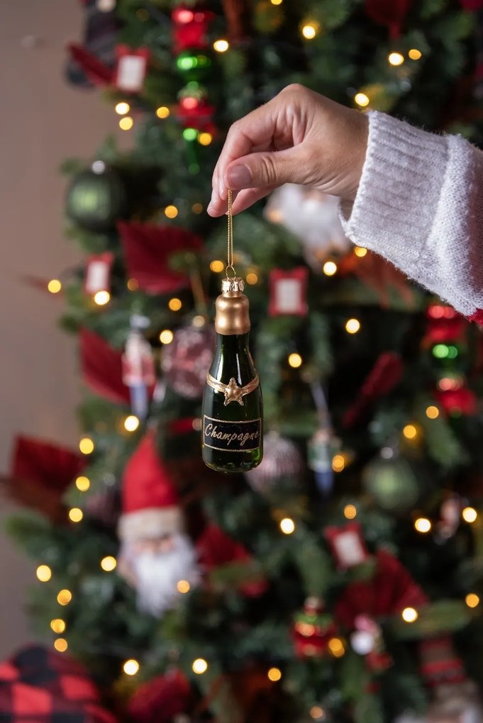Zelená vianočná sklenená ozdoba fľaša šampanské Champagne - Ø 4*12 cm