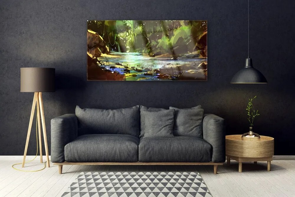 Obraz na akrylátovom skle Les jazero kamene príroda 120x60 cm