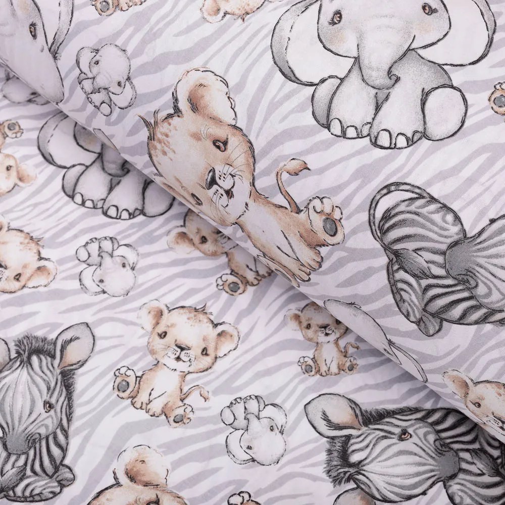 Biante Detský bavlnený behúň na stôl Sandra SA-335 Africké zvieratká na sivom zebrovanom 35x140 cm