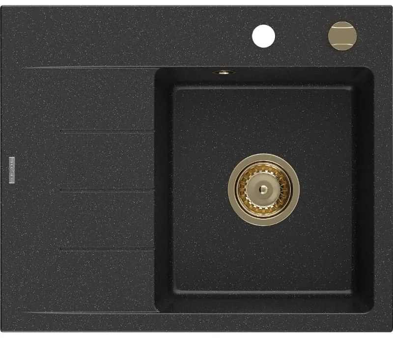 Mexen Ben, 1-komorový granitový drez 600x500x190 mm, pravý + zlatý sifón, čierna-strieborná metalíza, 6523605000-73-G