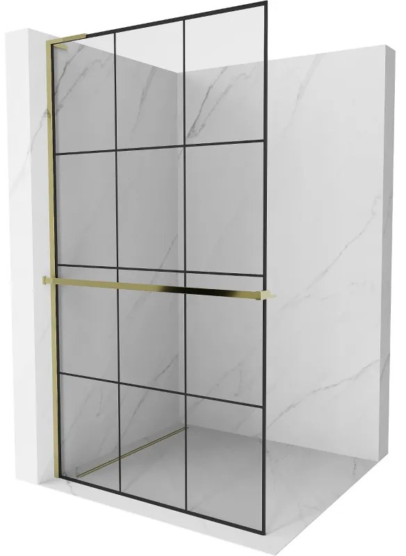 Mexen Kioto+ L, sprchová zástena Walk-In s poličkou a vešiakom 100 x 200 cm, 8mm číre sklo čierny vzor, zlatý lesklý profil,800-100-123-50-77
