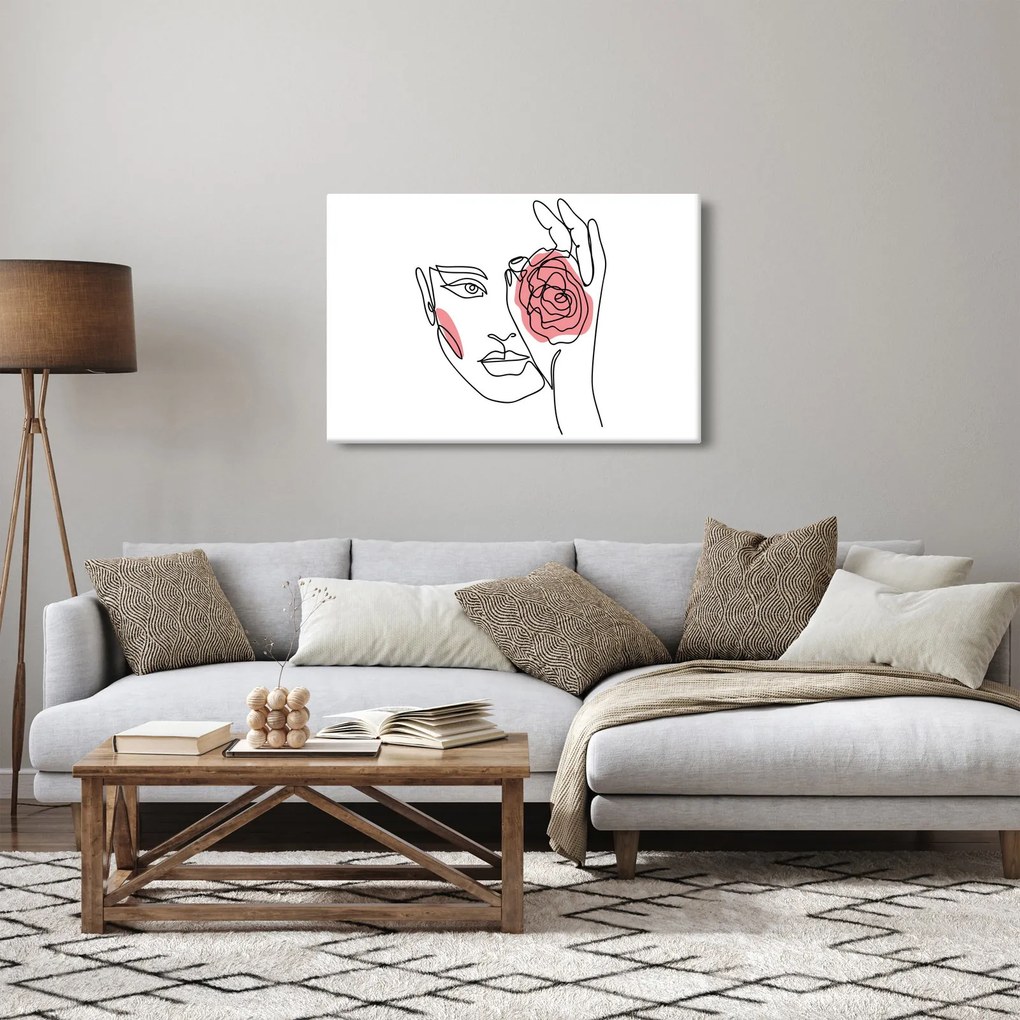 Obraz - Line art tvár s ružou (90x60 cm)