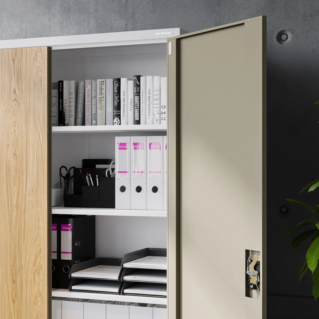 Kancelárska kovová skrinka na dokumenty JAN II, Eco Design: biela/dub sonoma