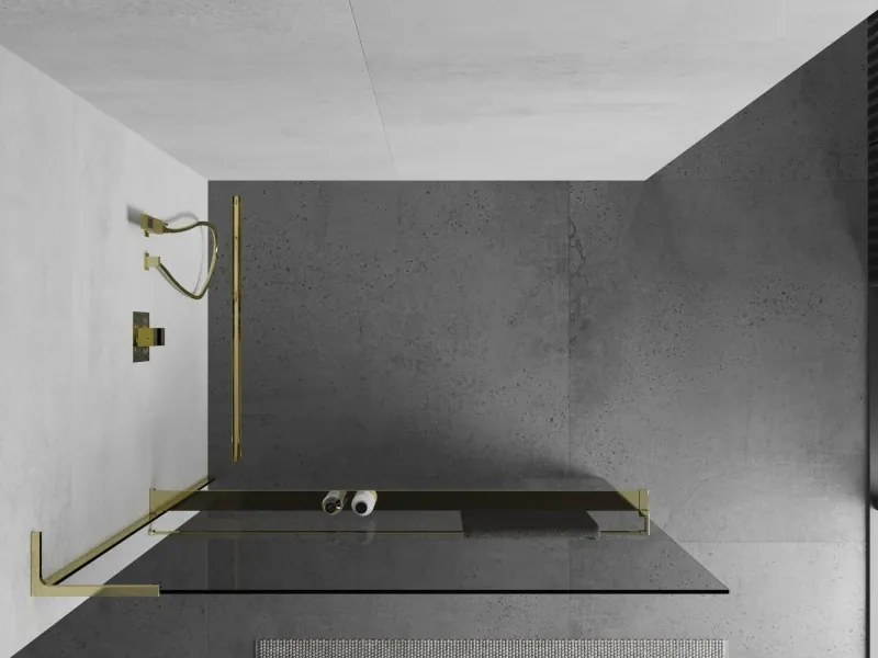 Mexen Kioto+ L, sprchová zástena Walk-In s poličkou a vešiakom 85 x 200 cm, 8mm číre sklo, zlatý lesklý profil,800-085-123-50-00