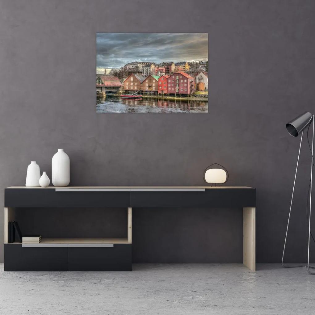 Sklenený obraz - Domy pri rieke (70x50 cm)