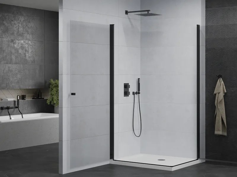 Mexen Pretoria Duo, sprchovací kút s 2-krídlovými dverami 80 (dvere) x 70 (dvere) cm, 6mm číre sklo, čierny profil + slim sprchová vanička 5cm biela s čiernym sifónom, 852-080-070-70-02-4010B
