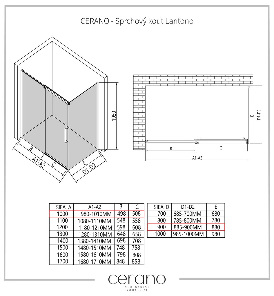 CERANO - Sprchovací kút Lantono L/P - 8 mm - čierna matná, grafitové sklo - 100x90 cm - posuvný, CER-CER-8050BD7513