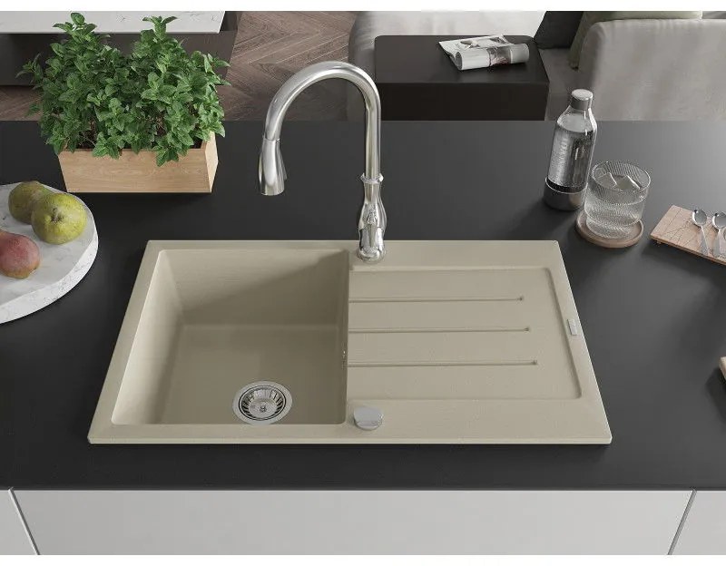 Mexen Bruno, 1-komorový granitový drez 795x495x200 mm a drezová batéria Savita, béžová, 6513-69-672601-00