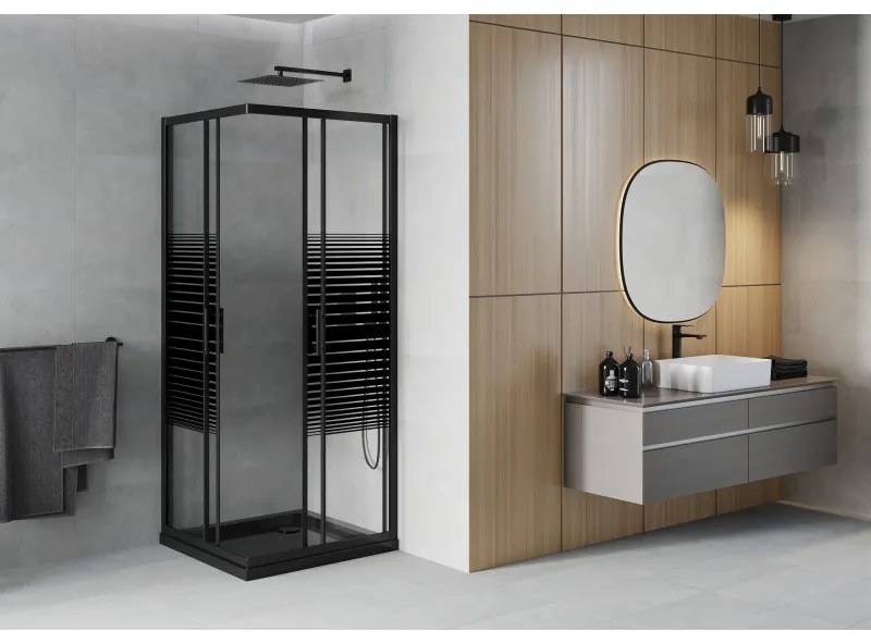 Mexen Rio, štvorcový sprchovací kút s posuvnými dverami 90(dvere) x 90(dvere) x 190 cm, 6mm číre sklo s pásikmi, čierny profil + čierna sprchová vanička SLIM, 860-090-090-70-20-4070B