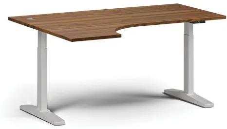 Výškovo nastaviteľný stôl, elektrický, 675-1325 mm, rohový ľavý, doska 1600x1200 mm, biela podnož, orech