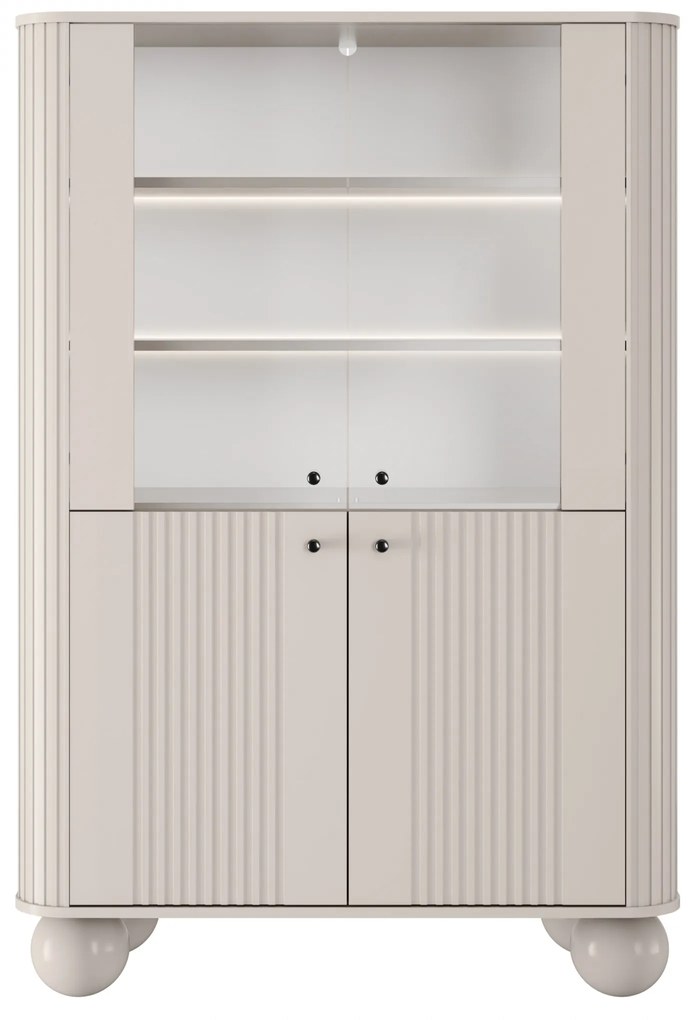 Vitrína Vesper 103 cm štvordverová - kašmír / čierne úchytky / guľaté nohy