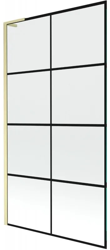 Mexen Next L, 1-krídlová vaňová zástena 100 x 150 cm, 6mm číre sklo-čierny vzor, zlatý matný profil, 895-100-000-03-77-55