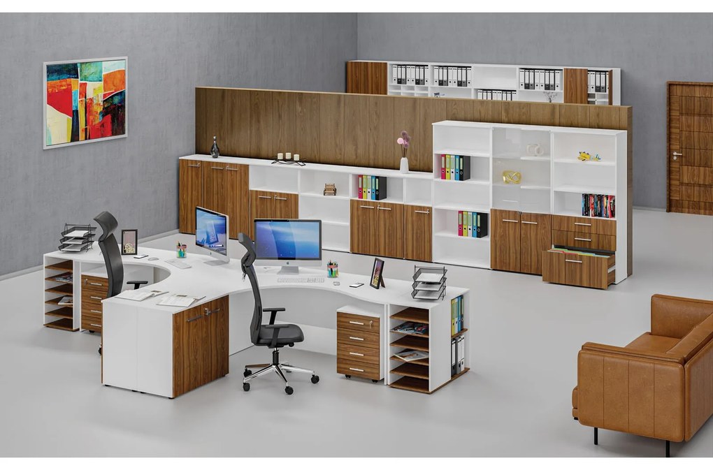 Kombinovaná kancelárska skriňa PRIMO WHITE, dvere na 3 poschodia, 1434 x 800 x 420 mm, biela/orech