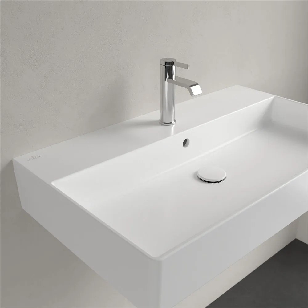 VILLEROY &amp; BOCH Memento 2.0 závesné umývadlo s otvorom (spodná strana brúsená), s prepadom, 800 x 470 mm, Stone White, s povrchom CeramicPlus, 4A228GRW