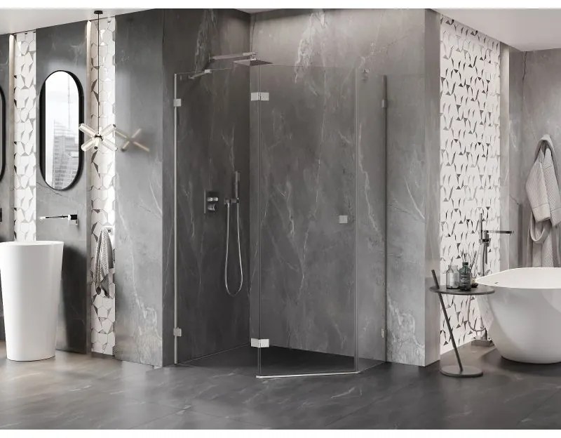 Mexen Lunar, päťuholníkový sprchový kút naklápací doľava 100 x 80 cm, 8mm číre sklo, oceľový profil, 831-100L-080P-97-00-L