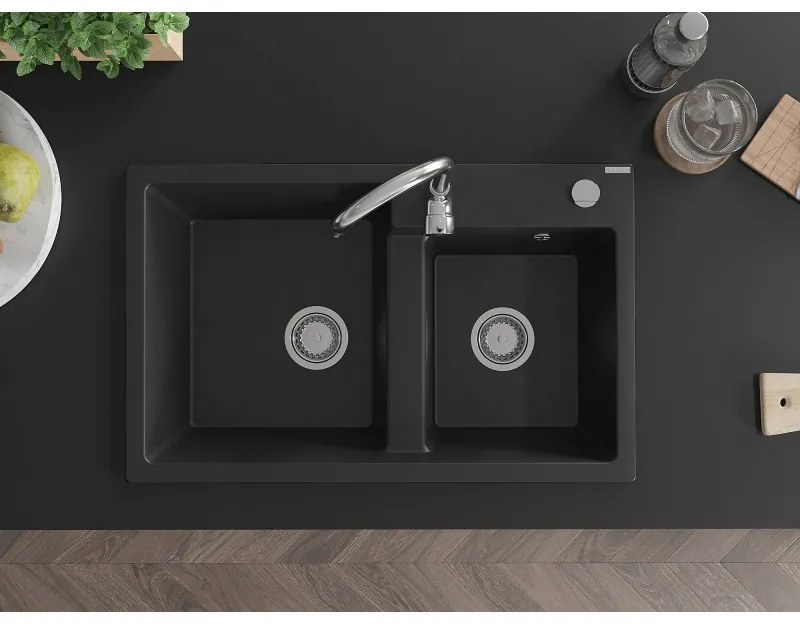 Mexen Tomas, granitový drez 800x500x190 mm, 2-komorový a chrómová batéria Telma, čierna, 6516-77-670200-00