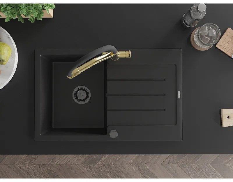 Mexen Bruno, 1-komorový granitový drez 795x495x200 mm a drezová batéria Duo, čierna, 6513-77-671701-57-B